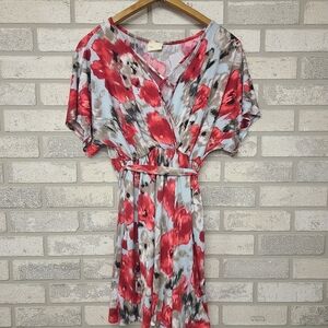 Lovely Melody Floral Watercolor Short Dress Size Small Red Tan Black Blue